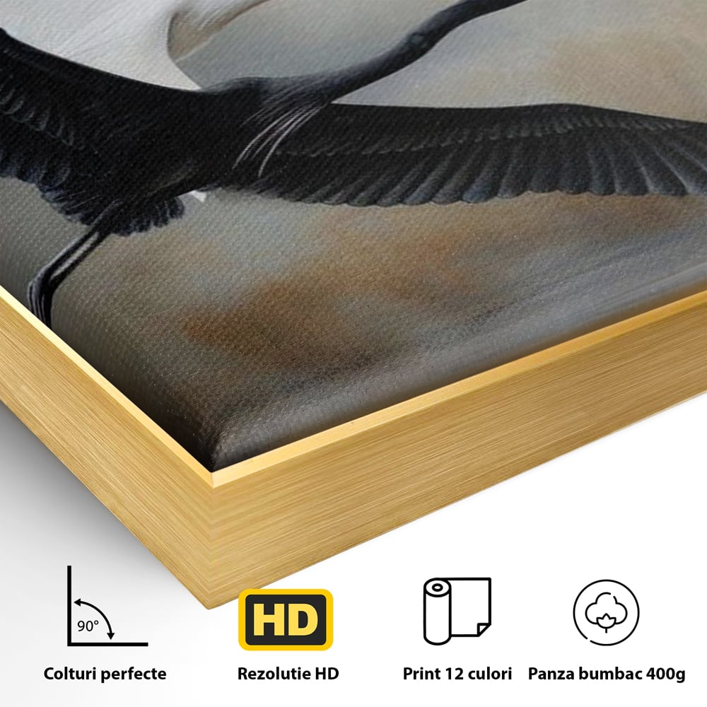 Detaliu al suprafetei: tablou canvas cu doua pasari in zbor, in rama de aluminiu auriu